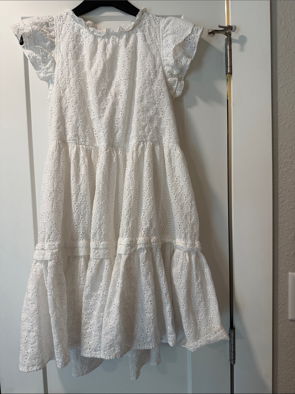 Olivaceous White Eyelet Tiered Midi Dress with Flutter Sleeves